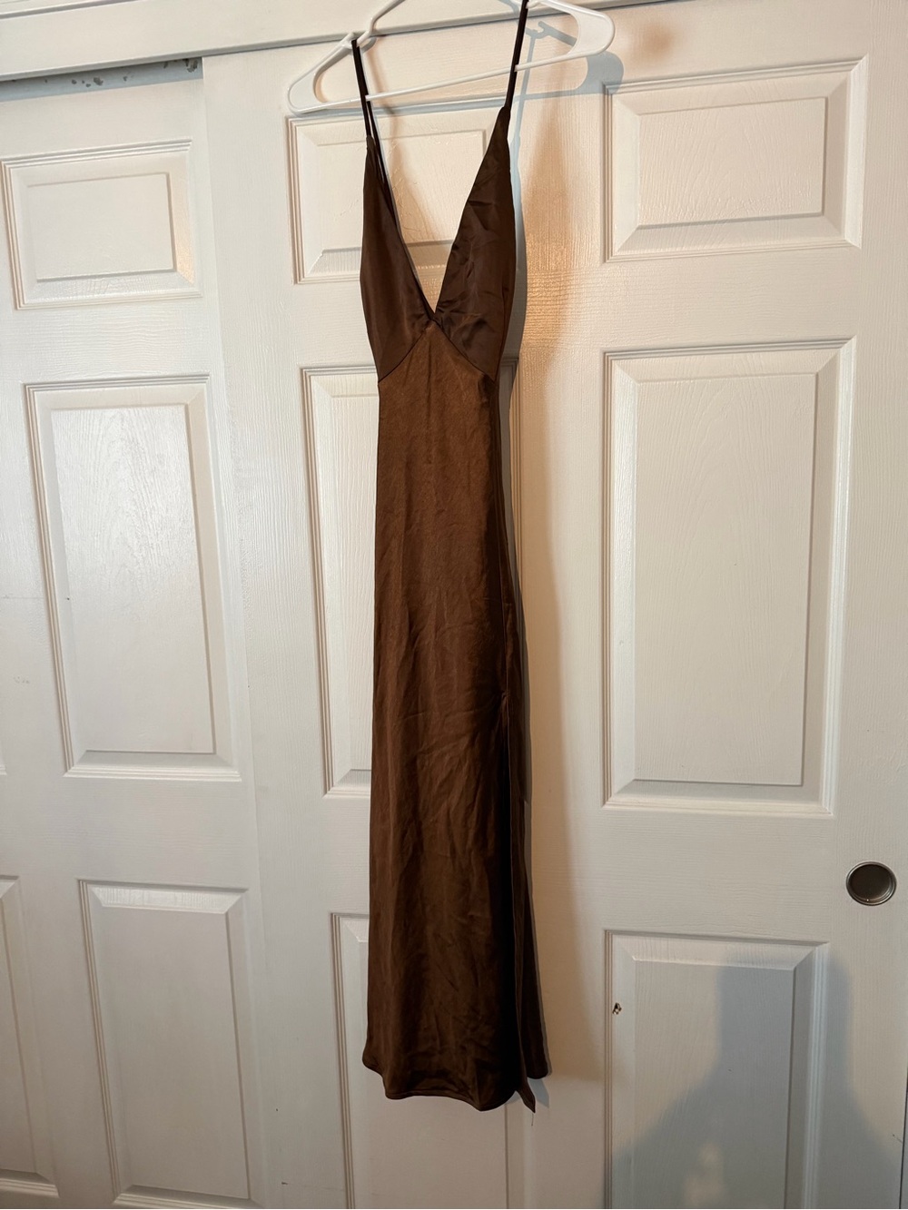 Hello Molly Chocolate Brown Slip Midi Dress with Plunge Neck